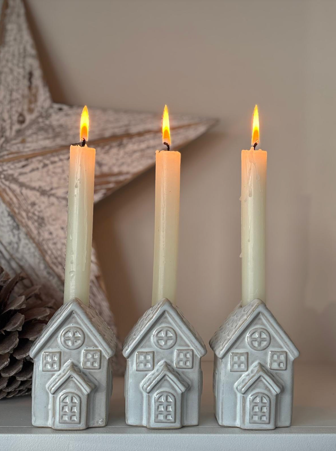 Set of 3 Ceramic Christmas House Candle Stick Holders
