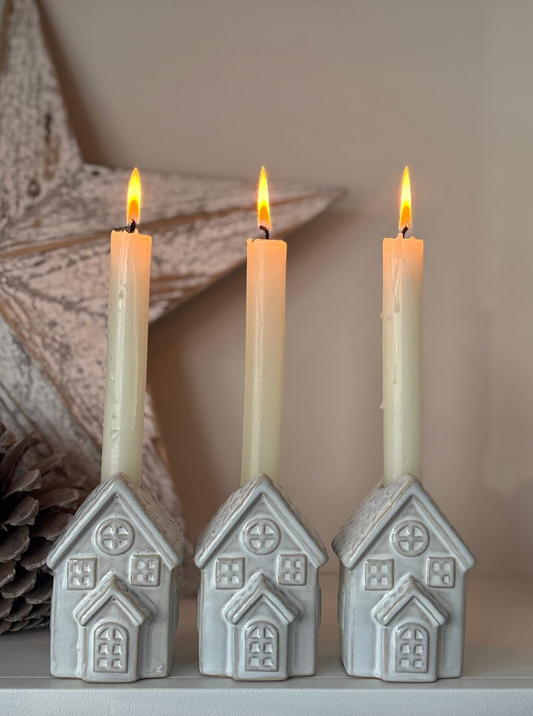 Set of 3 Ceramic Christmas House Candle Stick Holders